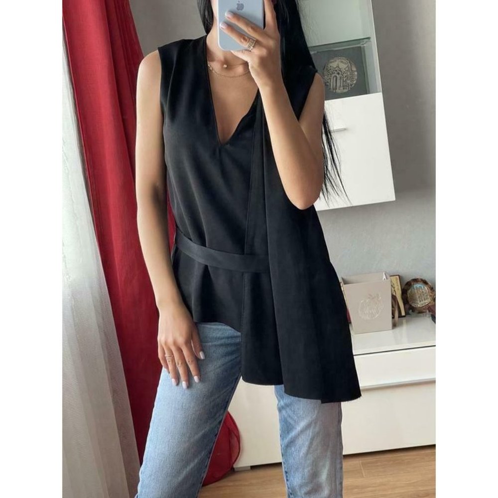 Maje Women's Sleeveless Blouse Asymetrical Blend V Neck Black Size 2